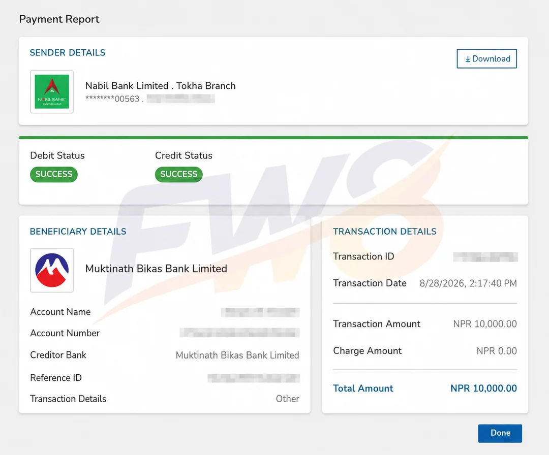 FW8 real player successful withdrawal proof - NPR 10,000 payout to Muktinath Bikas Bank in Nepal, verified SUCCESS