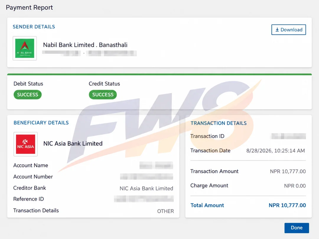 FW8 real player successful withdrawal proof - NPR 10,777 payout to NIC Asia Bank in Nepal, verified SUCCESS