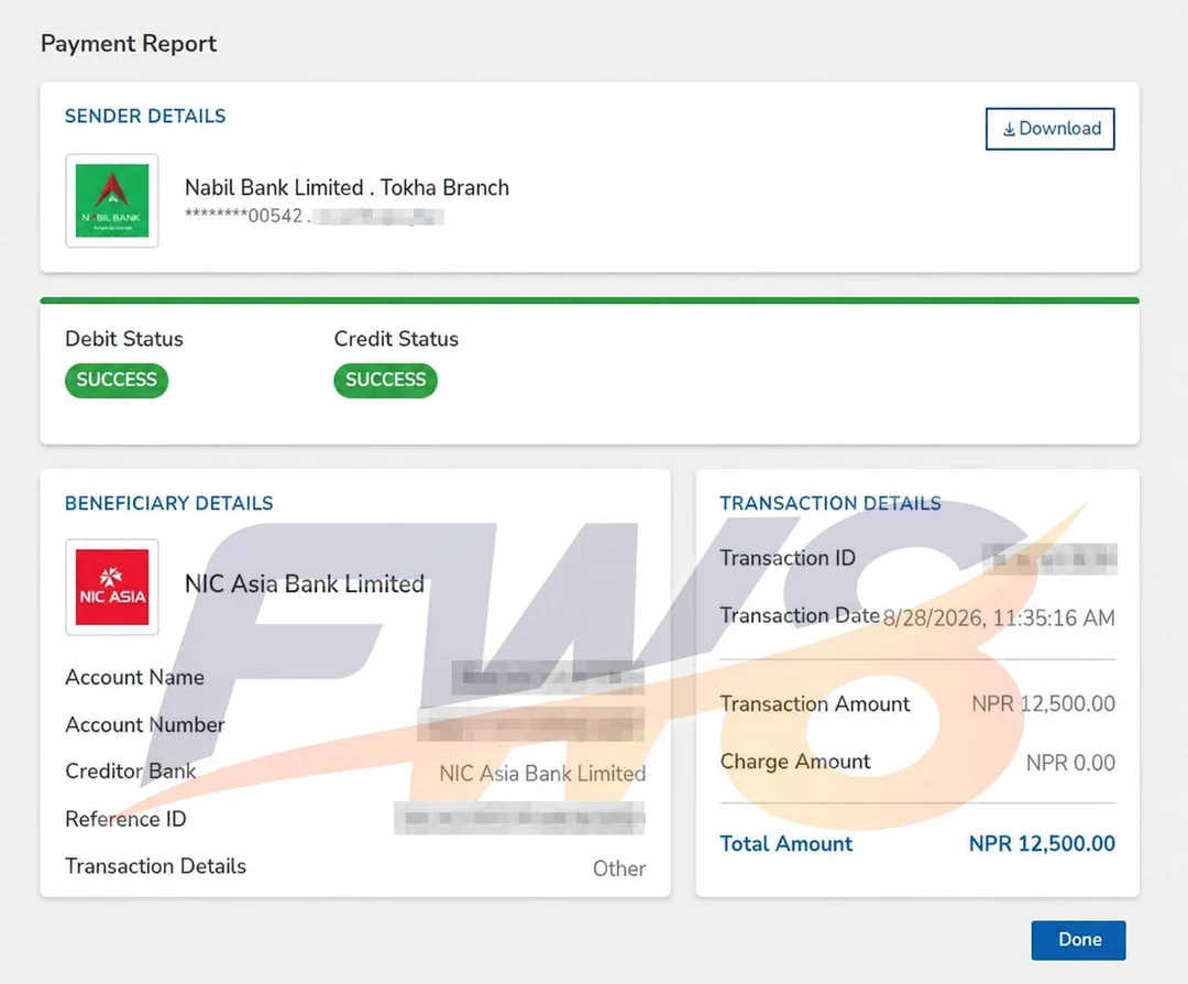 FW8 real player successful withdrawal proof - NPR 12,500 payout to NIC Asia Bank in Nepal, verified SUCCESS