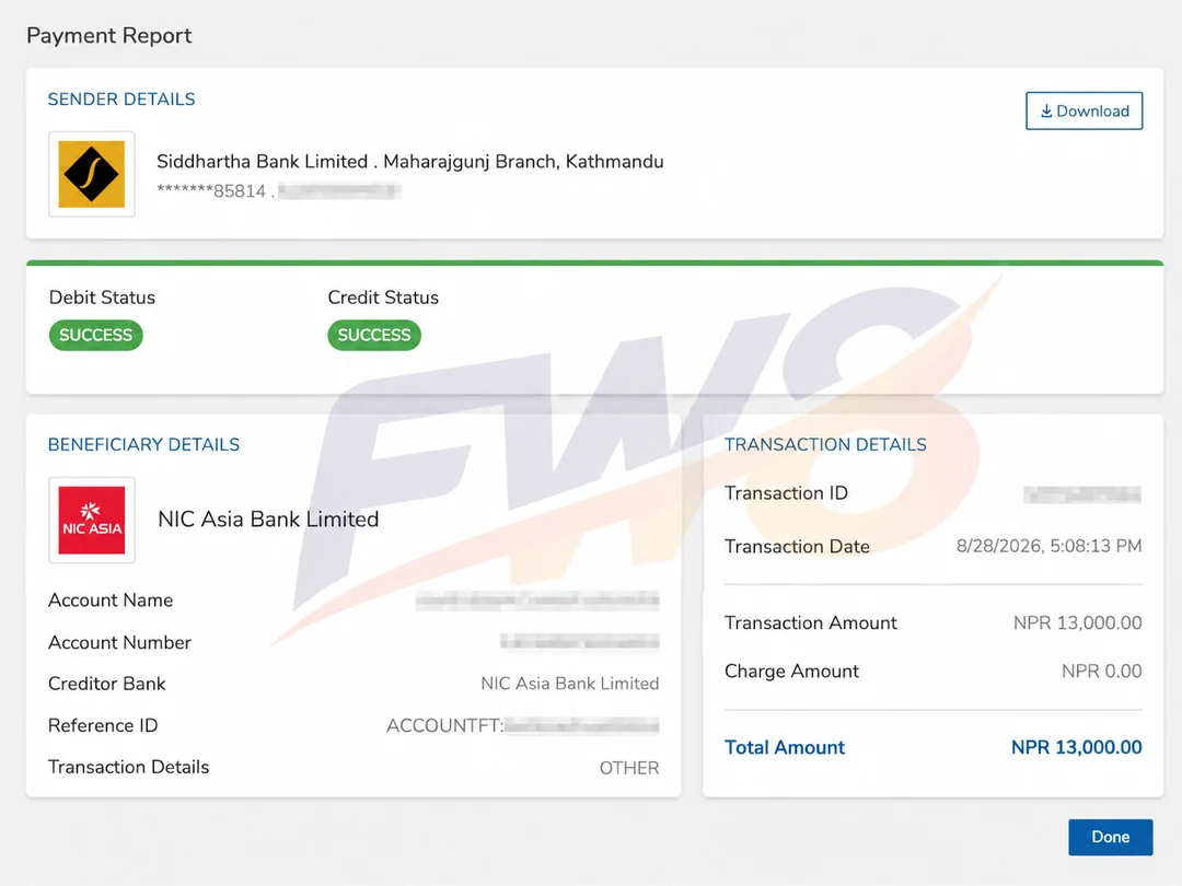 FW8 real player successful withdrawal proof - NPR 13,000 payout to NIC Asia Bank in Nepal, verified SUCCESS