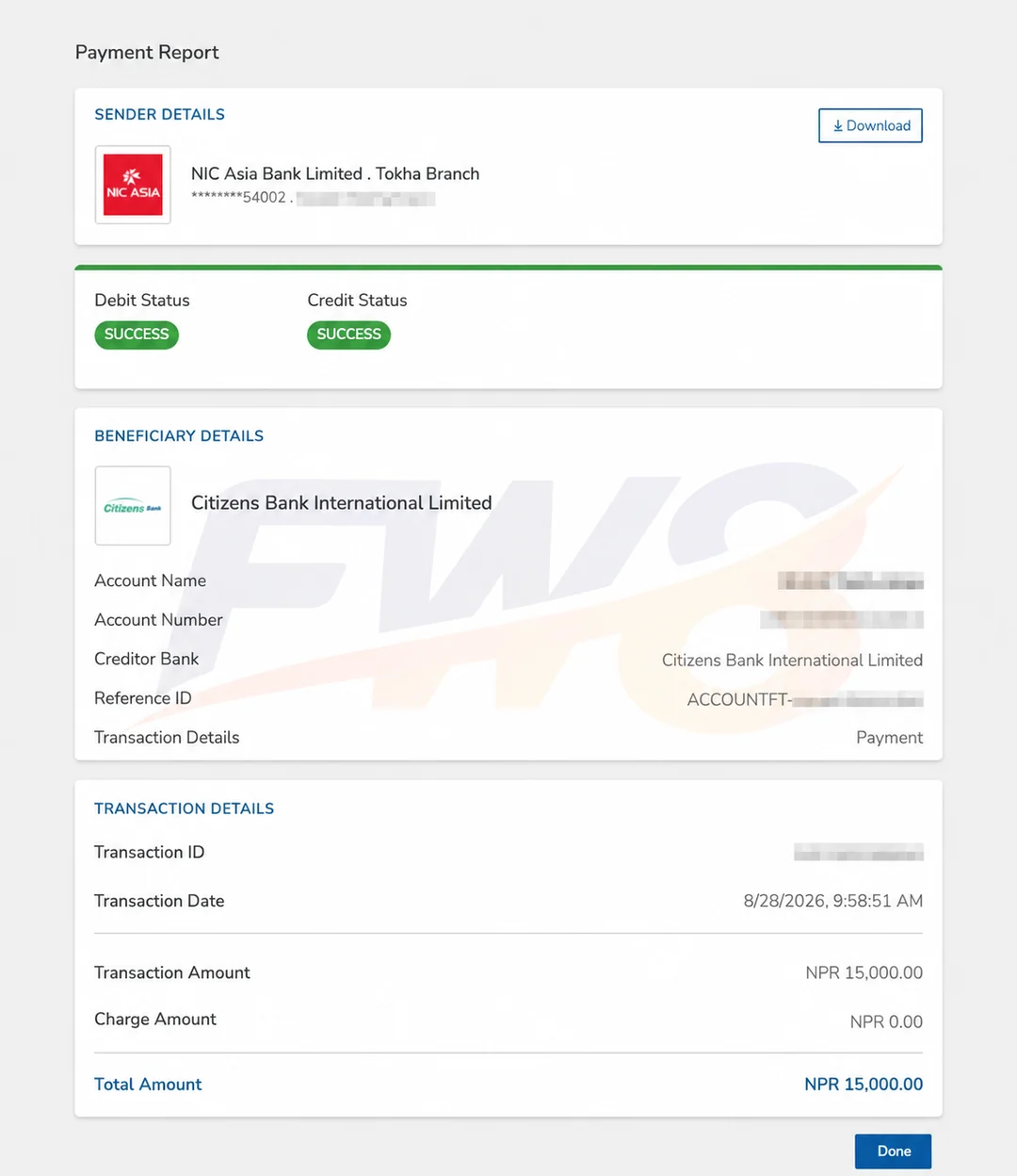 FW8 real player successful withdrawal proof - NPR 15,000 payout to Citizens Bank Intl in Nepal, verified SUCCESS