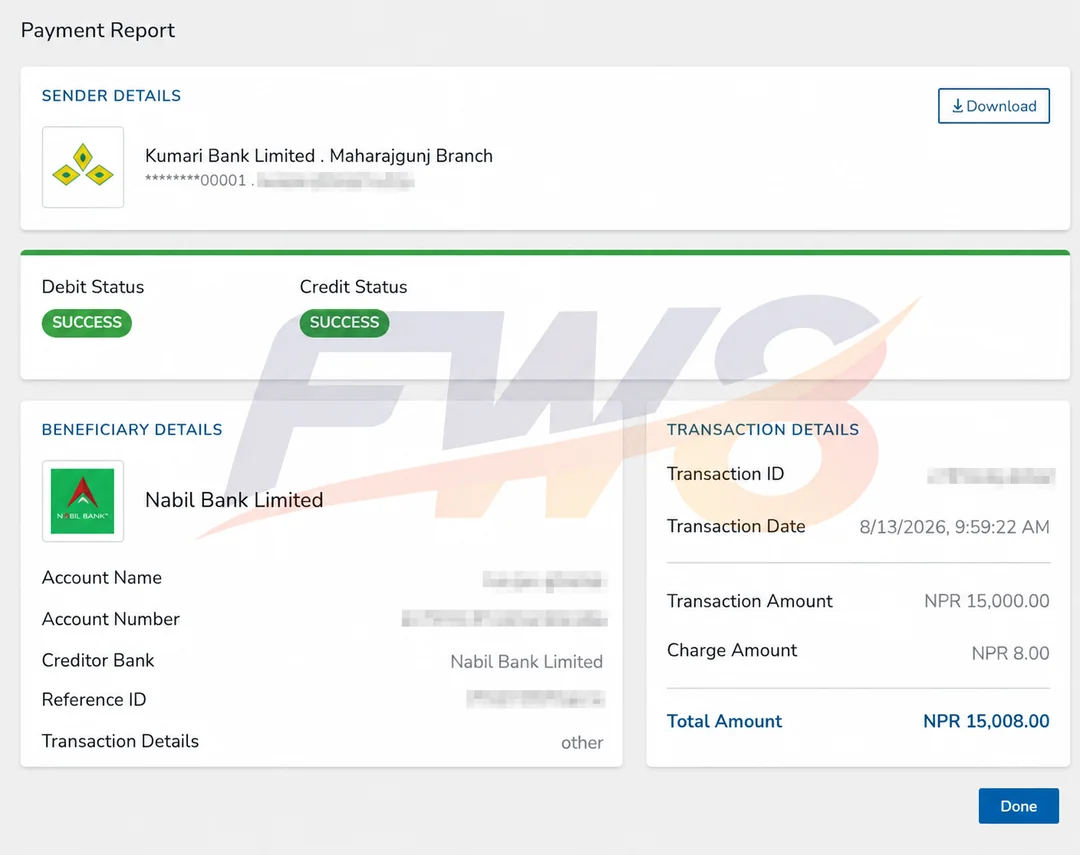 FW8 real player successful withdrawal proof - NPR 15,008 payout to Nabil Bank in Nepal, verified SUCCESS