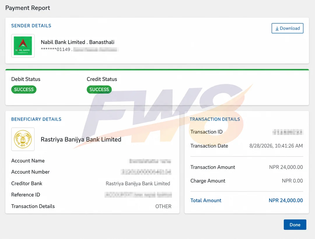 FW8 real player successful withdrawal proof - NPR 24,000 payout to Rastriya Banijya Bank in Nepal, verified SUCCESS