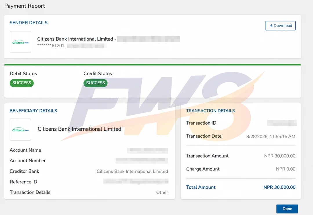 FW8 real player successful withdrawal proof - NPR 30,000 payout to Citizens Bank Intl in Nepal, verified SUCCESS