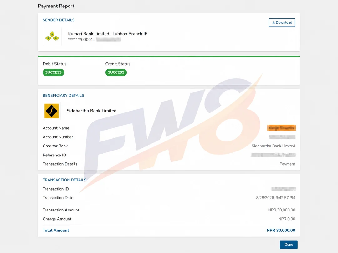 FW8 real player successful withdrawal proof - NPR 30,000 payout to Siddhartha Bank in Nepal, verified SUCCESS