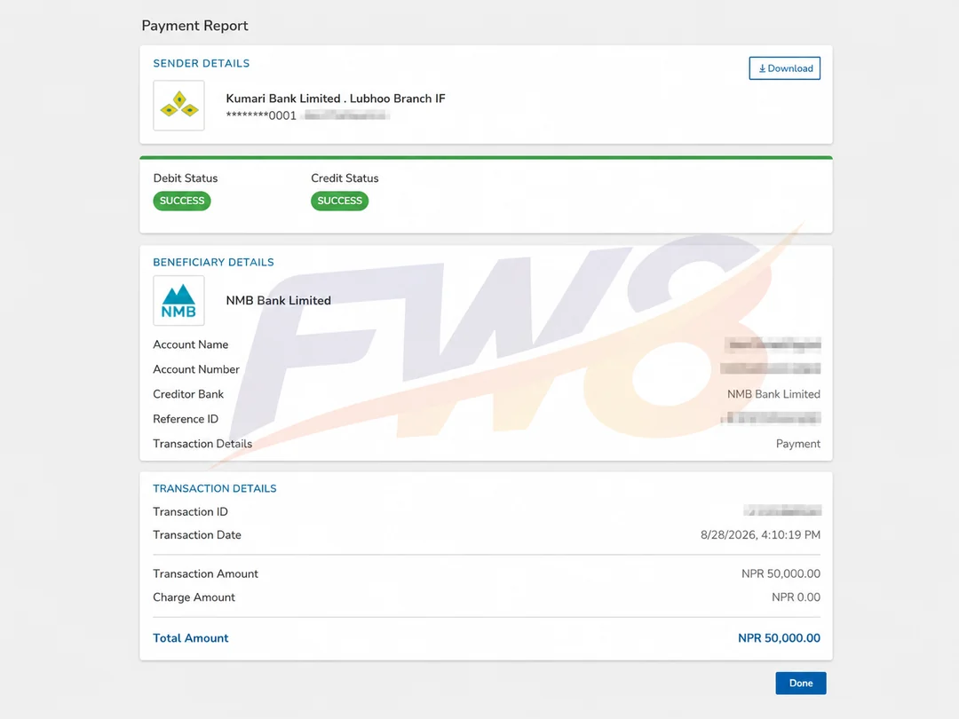 FW8 real player successful withdrawal proof - NPR 50,000 payout to NMB Bank in Nepal, verified SUCCESS