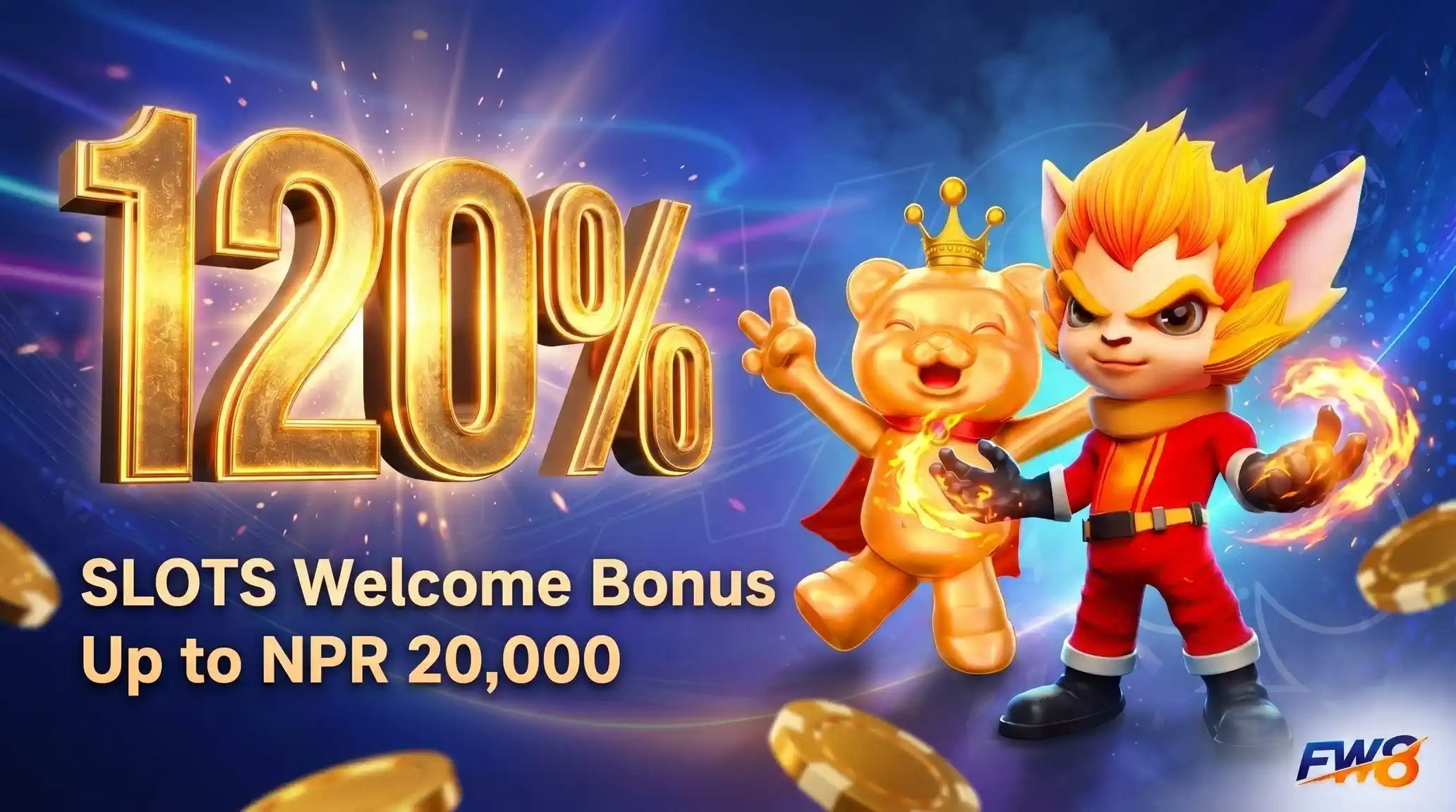 120% Slots Welcome Bonus up to NPR 20000 at FW8